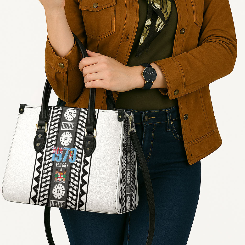 Fiji Day 1970 Leather Bag For Fiji Ever Fiji Tapa Pattern White LT14 - Polynesian Pride
