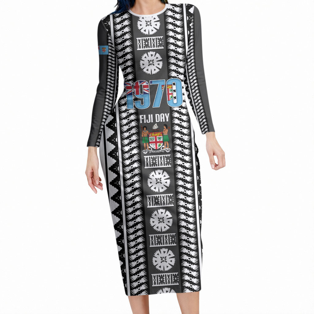 Fiji Day 1970 Long Sleeve Bodycon Dress For Fiji Ever Fiji Tapa Pattern White LT14 Long Dress White - Polynesian Pride