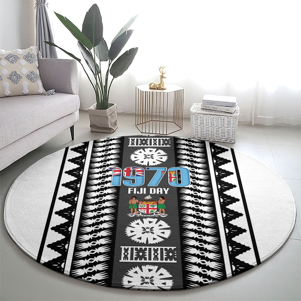 Fiji Day 1970 Round Carpet For Fiji Ever Fiji Tapa Pattern White LT14 - Polynesian Pride