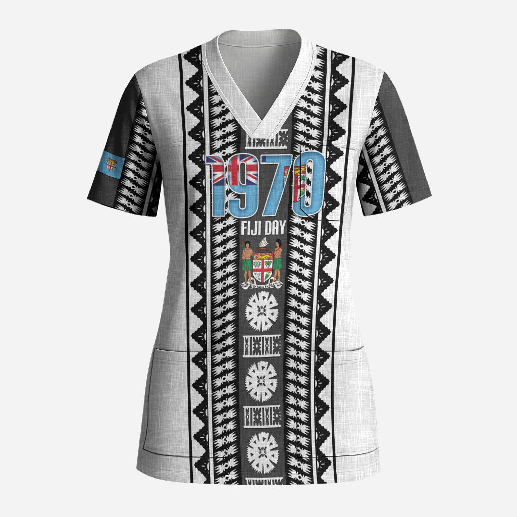 Fiji Day 1970 Scrub Top For Fiji Ever Fiji Tapa Pattern White LT14 Adult White - Polynesian Pride