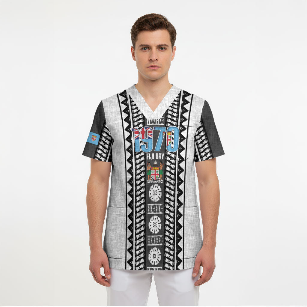 Fiji Day 1970 Scrub Top For Fiji Ever Fiji Tapa Pattern White LT14 - Polynesian Pride