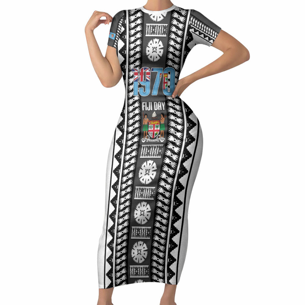 Fiji Day 1970 Short Sleeve Bodycon Dress For Fiji Ever Fiji Tapa Pattern White LT14 Long Dress White - Polynesian Pride