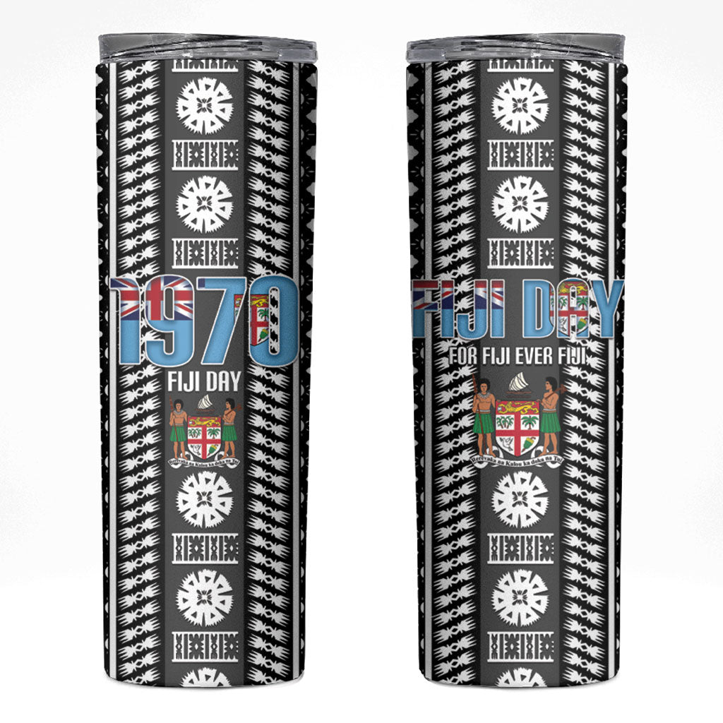 Fiji Day 1970 Skinny Tumbler For Fiji Ever Fiji Tapa Pattern White LT14 White - Polynesian Pride