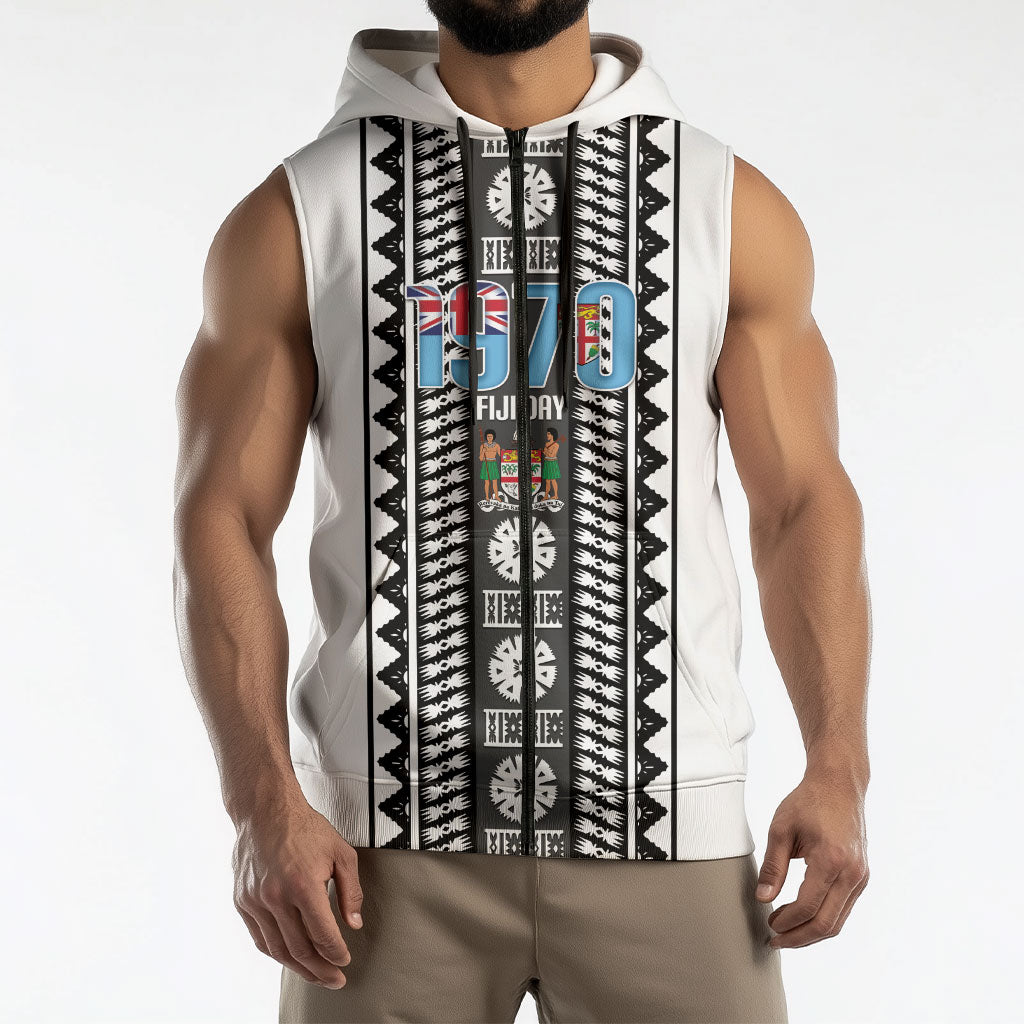 Fiji Day 1970 Sleeveless Zip Hoodie For Fiji Ever Fiji Tapa Pattern White LT14 - Polynesian Pride