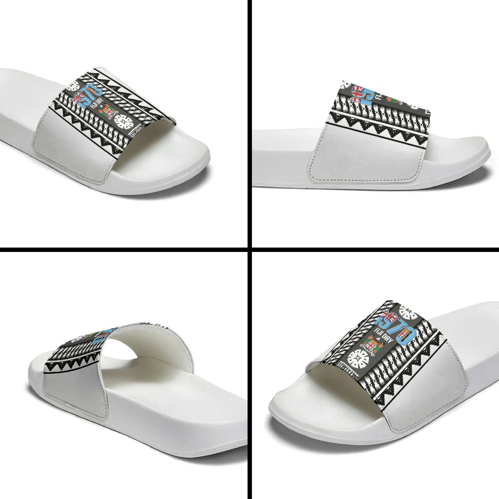 Fiji Day 1970 Slide Sandals For Fiji Ever Fiji Tapa Pattern White LT14 - Polynesian Pride