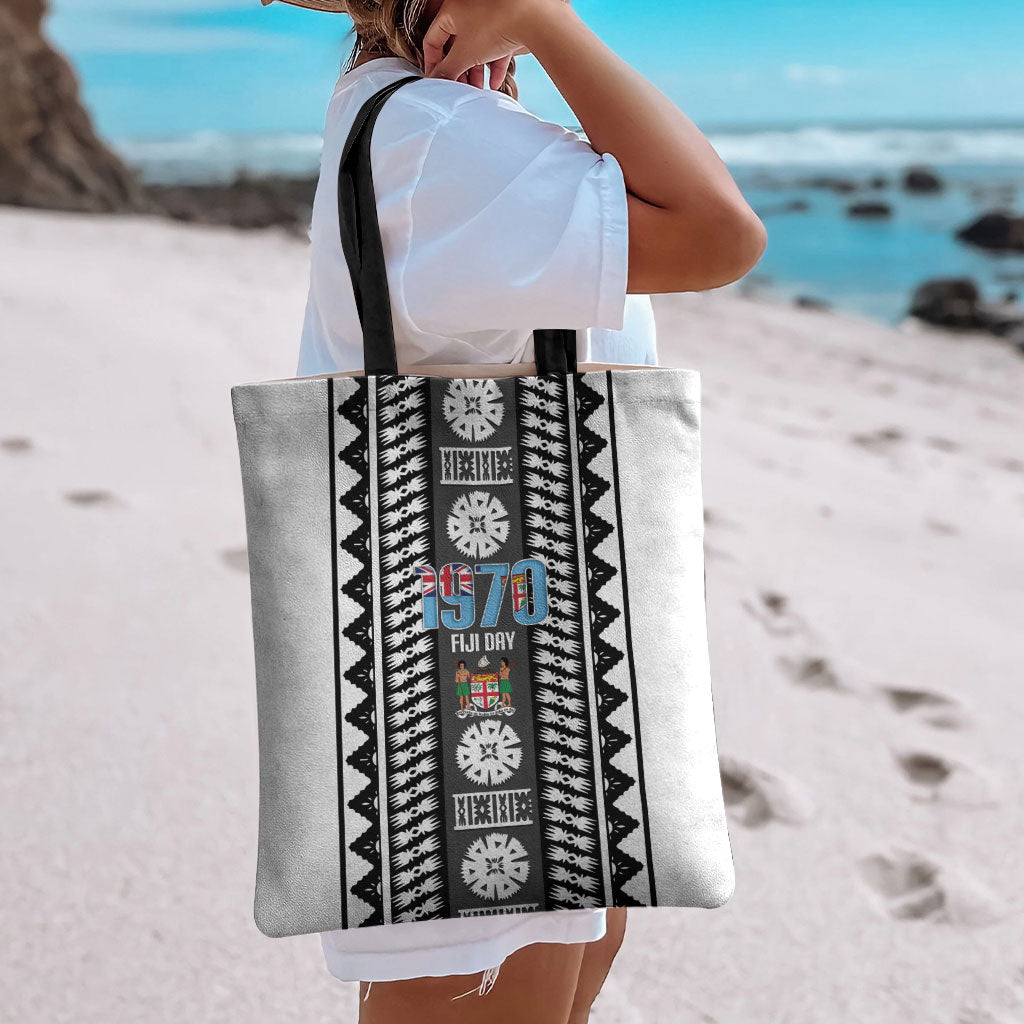 Fiji Day 1970 Tote Bag For Fiji Ever Fiji Tapa Pattern White LT14 - Polynesian Pride
