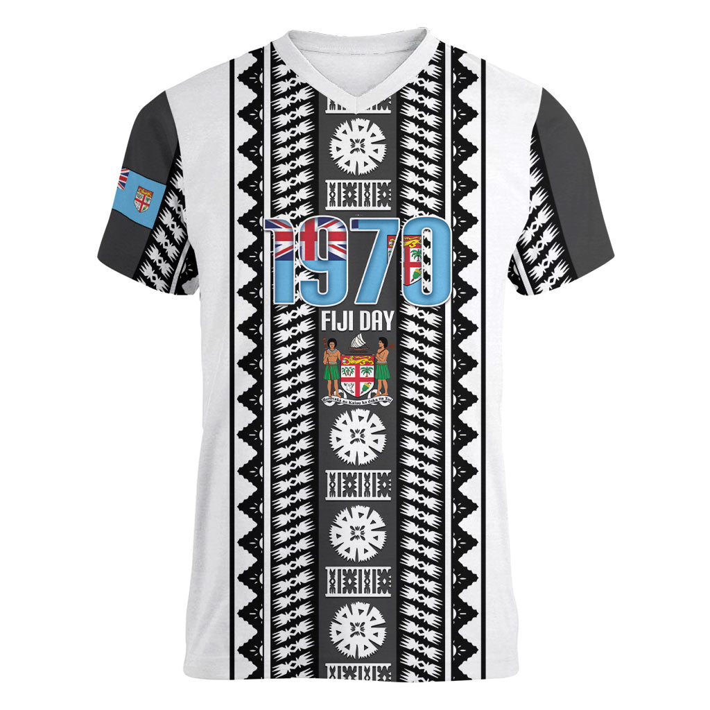 Fiji Day 1970 Women V-Neck T-Shirt For Fiji Ever Fiji Tapa Pattern White LT14 Female White - Polynesian Pride