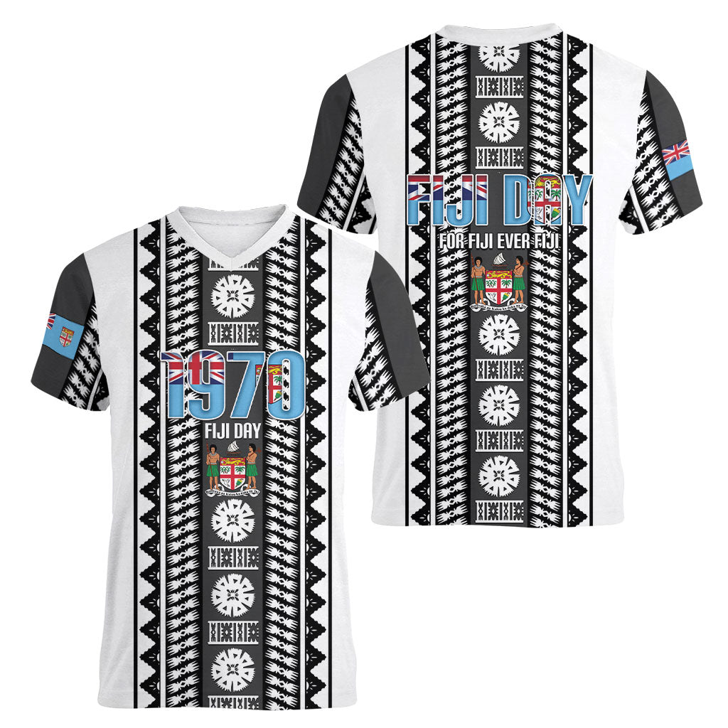 Fiji Day 1970 Women V-Neck T-Shirt For Fiji Ever Fiji Tapa Pattern White LT14 - Polynesian Pride