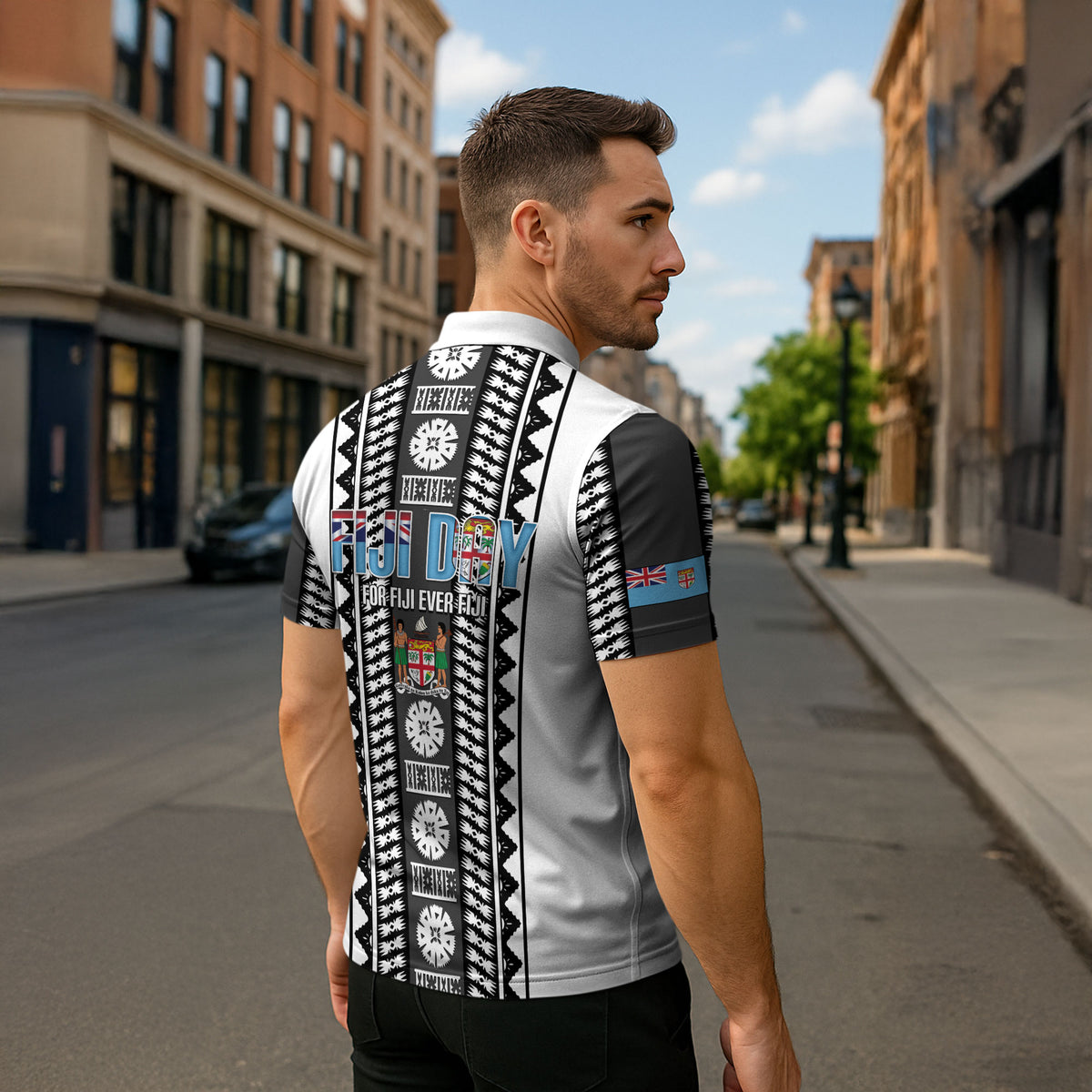 Fiji Day 1970 Zipper Polo Shirt For Fiji Ever Fiji Tapa Pattern White LT14 - Polynesian Pride