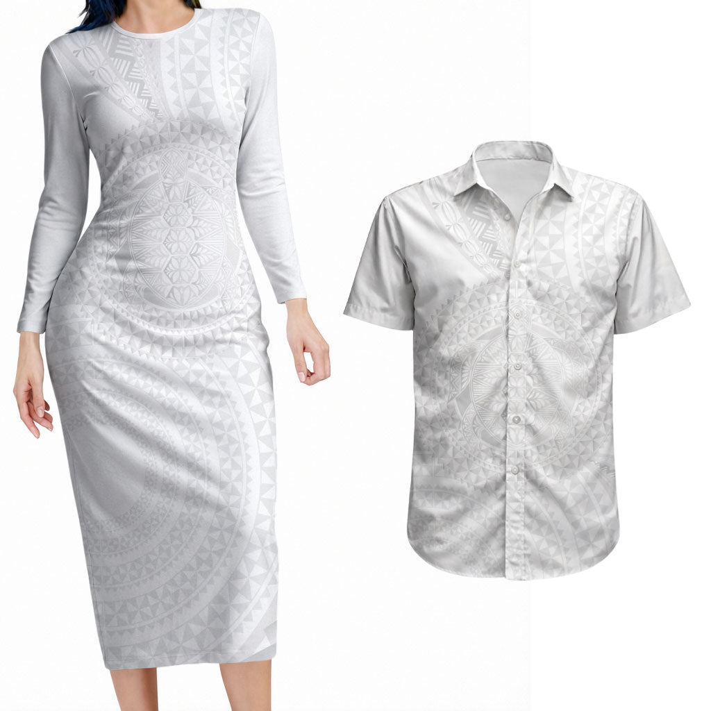 Tonga White Sunday Couples Matching Long Sleeve Bodycon Dress and Hawaiian Shirt Fakame Tongan Ngatu Turtle LT14 White - Polynesian Pride