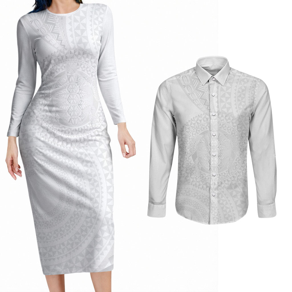 Tonga White Sunday Couples Matching Long Sleeve Bodycon Dress and Long Sleeve Button Shirt Fakame Tongan Ngatu Turtle LT14 White - Polynesian Pride