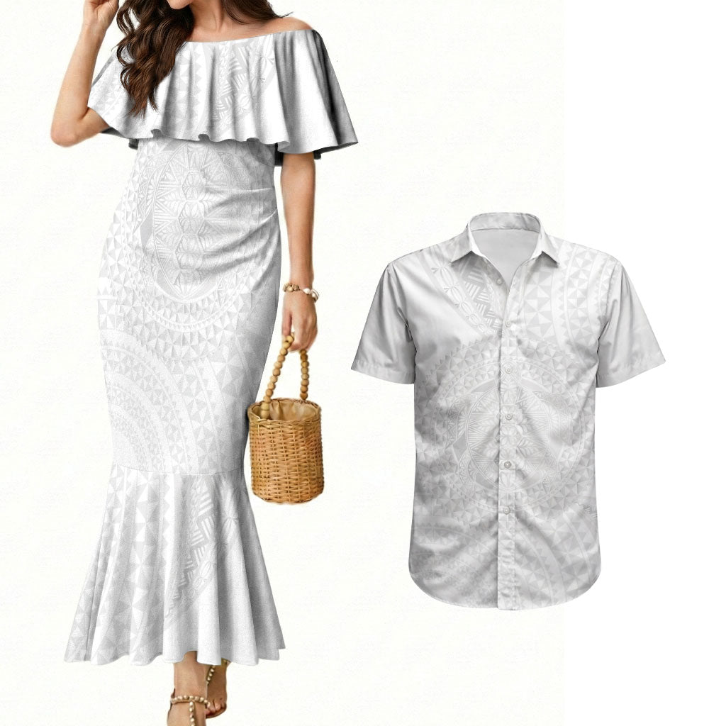 Tonga White Sunday Couples Matching Mermaid Dress and Hawaiian Shirt Fakame Tongan Ngatu Turtle LT14 White - Polynesian Pride