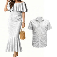 Tonga White Sunday Couples Matching Mermaid Dress and Hawaiian Shirt Fakame Tongan Ngatu Turtle LT14 White - Polynesian Pride