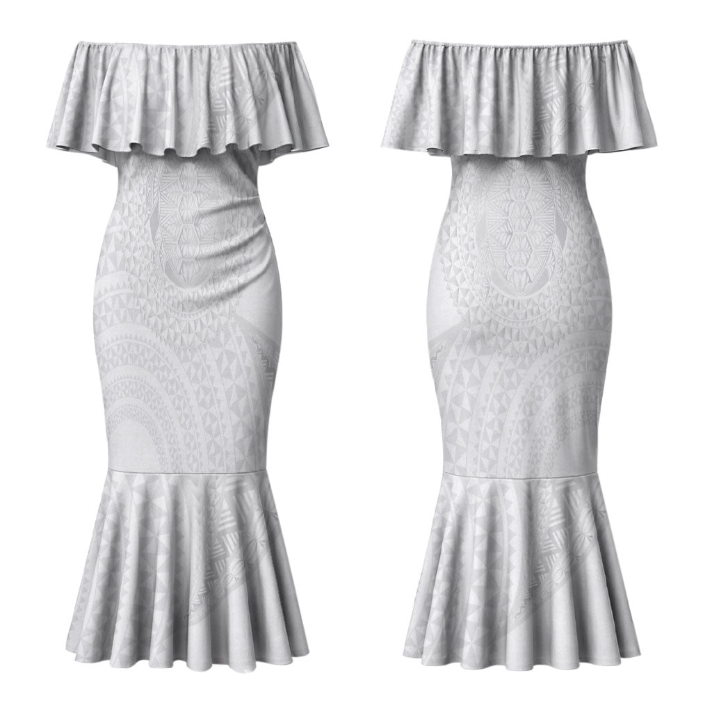 Tonga White Sunday Couples Matching Mermaid Dress and Hawaiian Shirt Fakame Tongan Ngatu Turtle LT14 - Polynesian Pride