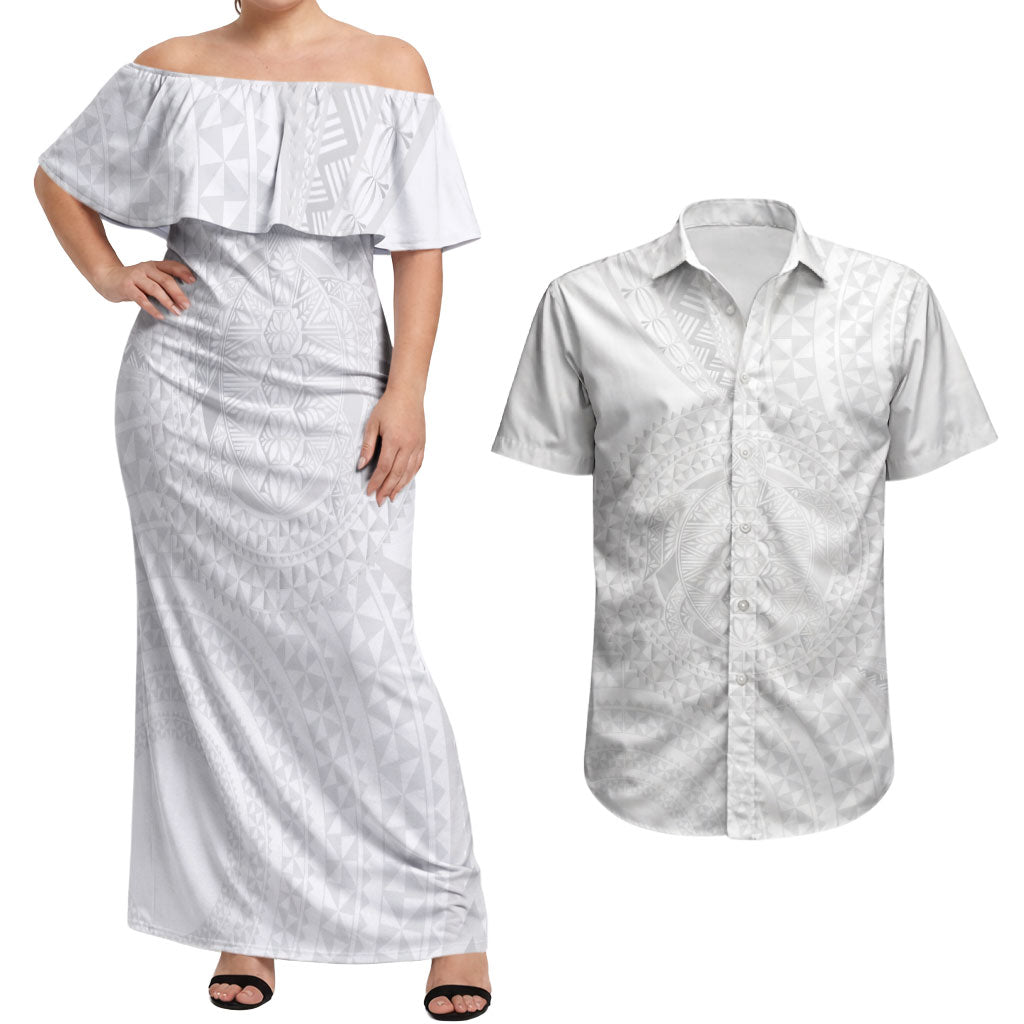 Tonga White Sunday Couples Matching Off Shoulder Maxi Dress and Hawaiian Shirt Fakame Tongan Ngatu Turtle LT14 White - Polynesian Pride