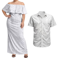 Tonga White Sunday Couples Matching Off Shoulder Maxi Dress and Hawaiian Shirt Fakame Tongan Ngatu Turtle LT14 White - Polynesian Pride