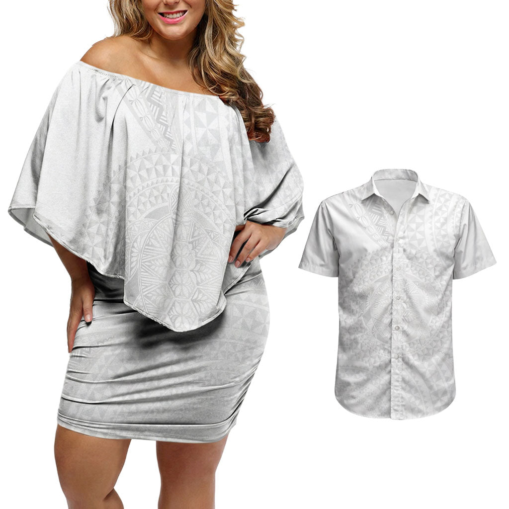 Tonga White Sunday Couples Matching Off Shoulder Short Dress and Hawaiian Shirt Fakame Tongan Ngatu Turtle LT14 White - Polynesian Pride