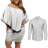 Tonga White Sunday Couples Matching Off Shoulder Short Dress and Long Sleeve Button Shirt Fakame Tongan Ngatu Turtle LT14 White - Polynesian Pride
