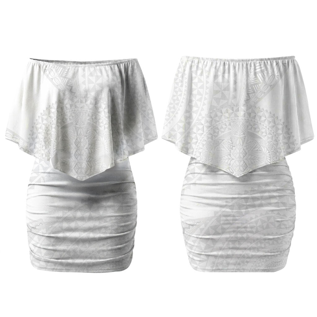 Tonga White Sunday Couples Matching Off Shoulder Short Dress and Long Sleeve Button Shirt Fakame Tongan Ngatu Turtle LT14 - Polynesian Pride
