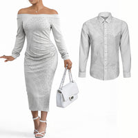 Tonga White Sunday Couples Matching Off The Shoulder Long Sleeve Dress and Long Sleeve Button Shirt Fakame Tongan Ngatu Turtle LT14 White - Polynesian Pride
