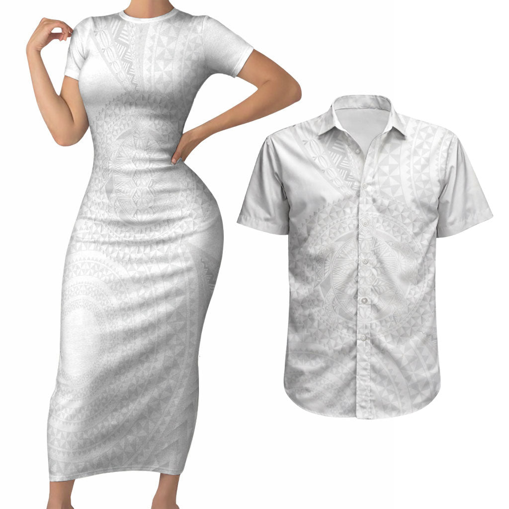 Tonga White Sunday Couples Matching Short Sleeve Bodycon Dress and Hawaiian Shirt Fakame Tongan Ngatu Turtle LT14 White - Polynesian Pride