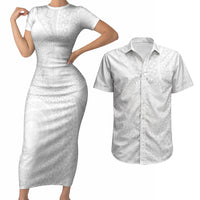 Tonga White Sunday Couples Matching Short Sleeve Bodycon Dress and Hawaiian Shirt Fakame Tongan Ngatu Turtle LT14 White - Polynesian Pride