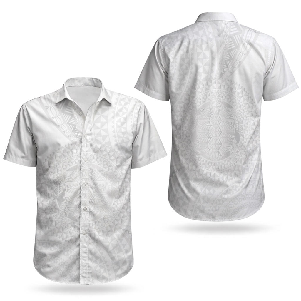 Tonga White Sunday Couples Matching Short Sleeve Bodycon Dress and Hawaiian Shirt Fakame Tongan Ngatu Turtle LT14 - Polynesian Pride