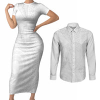 Tonga White Sunday Couples Matching Short Sleeve Bodycon Dress and Long Sleeve Button Shirt Fakame Tongan Ngatu Turtle LT14 White - Polynesian Pride
