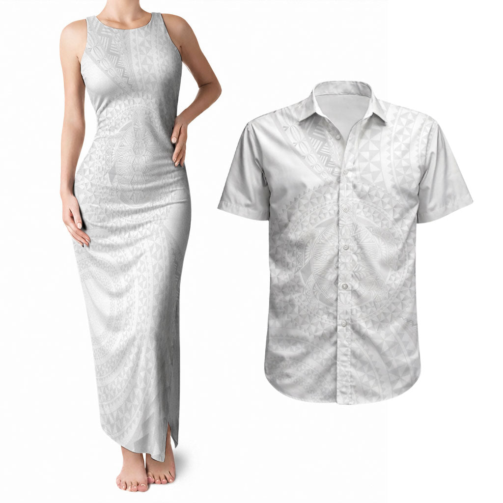 Tonga White Sunday Couples Matching Tank Maxi Dress and Hawaiian Shirt Fakame Tongan Ngatu Turtle LT14 White - Polynesian Pride