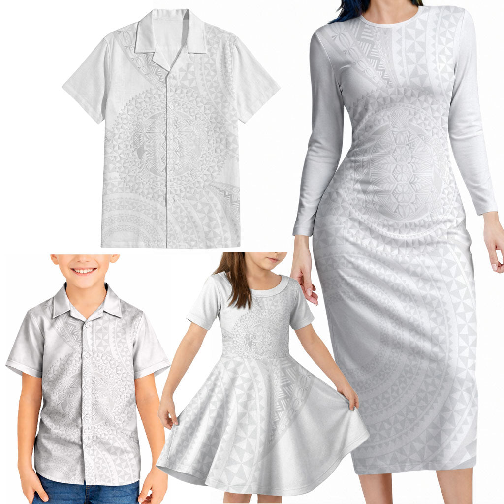 Tonga White Sunday Family Matching Long Sleeve Bodycon Dress and Hawaiian Shirt Fakame Tongan Ngatu Turtle LT14 - Polynesian Pride