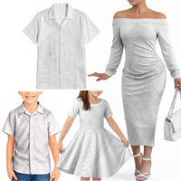 Tonga White Sunday Family Matching Off The Shoulder Long Sleeve Dress and Hawaiian Shirt Fakame Tongan Ngatu Turtle LT14 - Polynesian Pride