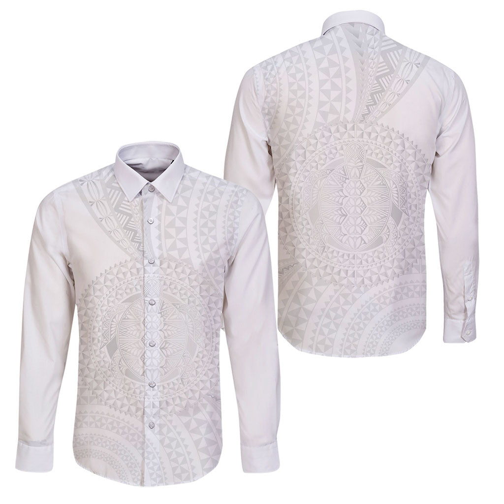 Tonga White Sunday Family Matching Off The Shoulder Long Sleeve Dress and Hawaiian Shirt Fakame Tongan Ngatu Turtle LT14 Dad's Shirt - Long Sleeve White - Polynesian Pride