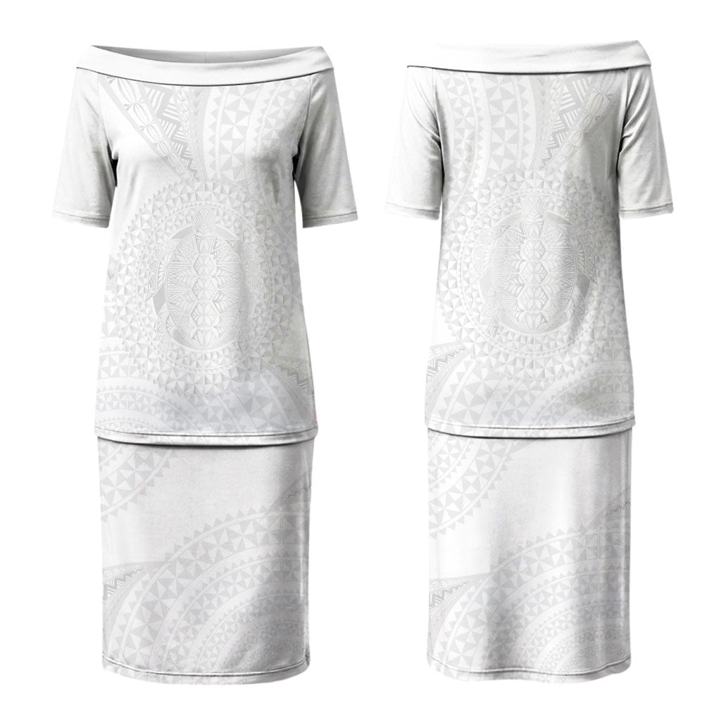 Tonga White Sunday Family Matching Puletasi and Hawaiian Shirt Fakame Tongan Ngatu Turtle LT14 Mom's Dress White - Polynesian Pride