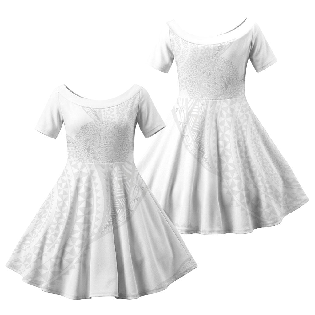 Tonga White Sunday Family Matching Puletasi and Hawaiian Shirt Fakame Tongan Ngatu Turtle LT14 Daughter's Dress White - Polynesian Pride