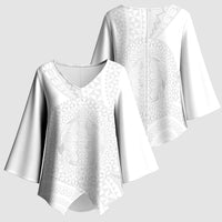 Tonga White Sunday Kimono Sleeve Blouse Fakame Tongan Ngatu Turtle LT14 - Polynesian Pride