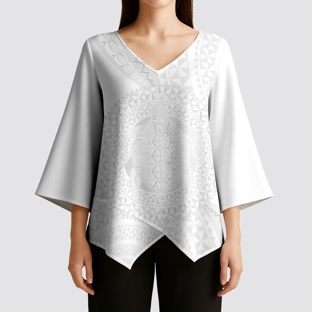 Tonga White Sunday Kimono Sleeve Blouse Fakame Tongan Ngatu Turtle LT14 - Polynesian Pride