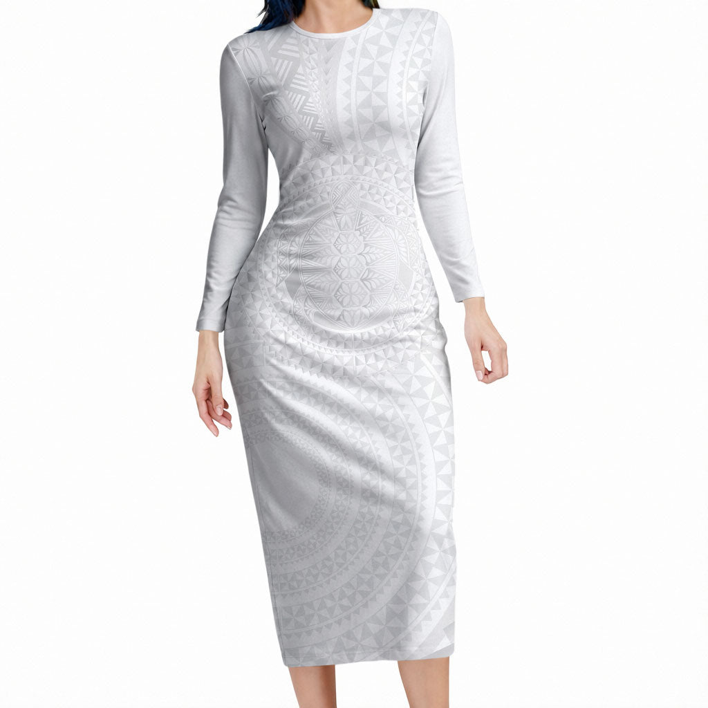 Tonga White Sunday Long Sleeve Bodycon Dress Fakame Tongan Ngatu Turtle LT14 Long Dress White - Polynesian Pride