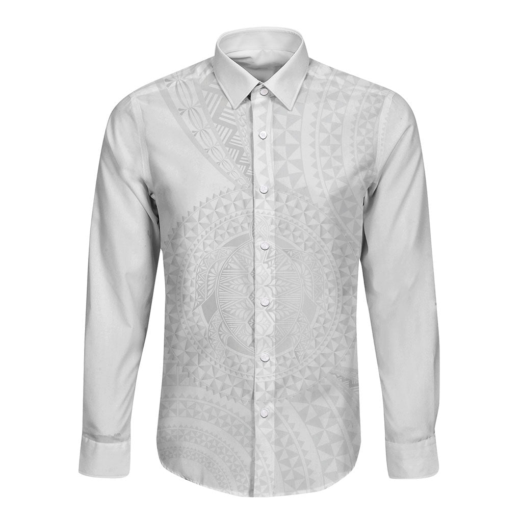 Tonga White Sunday Long Sleeve Button Shirt Fakame Tongan Ngatu Turtle LT14 Unisex White - Polynesian Pride