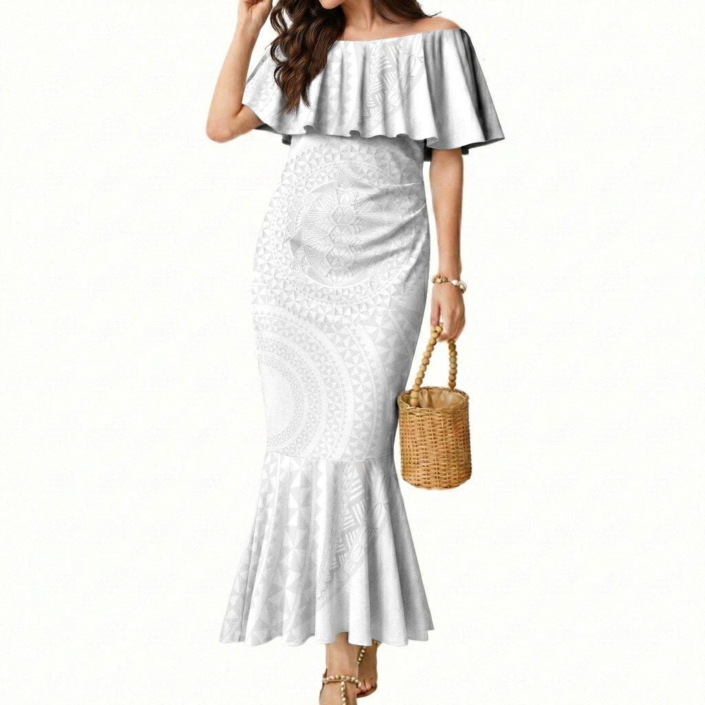 Tonga White Sunday Mermaid Dress Fakame Tongan Ngatu Turtle LT14 Women White - Polynesian Pride
