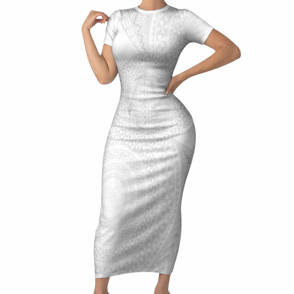 Tonga White Sunday Short Sleeve Bodycon Dress Fakame Tongan Ngatu Turtle LT14 Long Dress White - Polynesian Pride