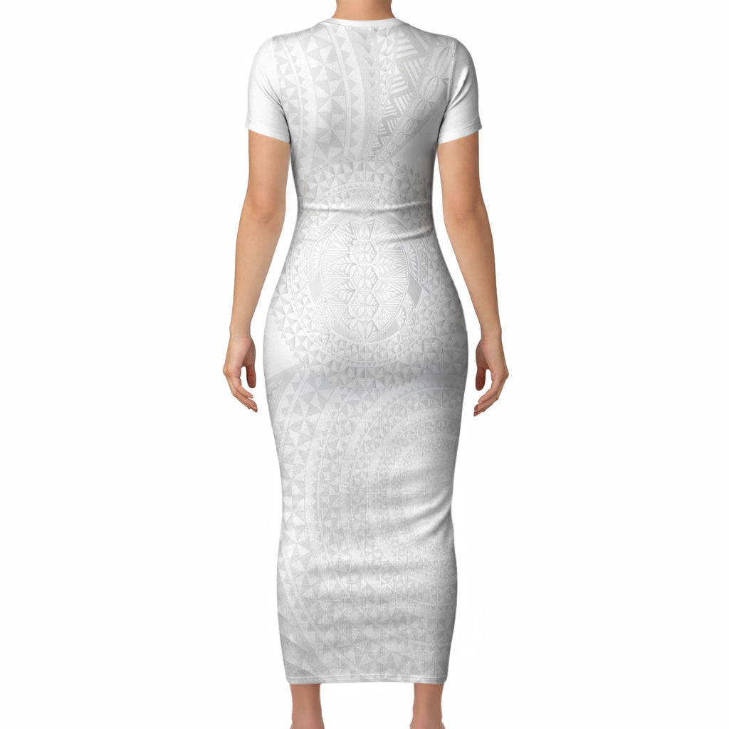 Tonga White Sunday Short Sleeve Bodycon Dress Fakame Tongan Ngatu Turtle LT14 - Polynesian Pride