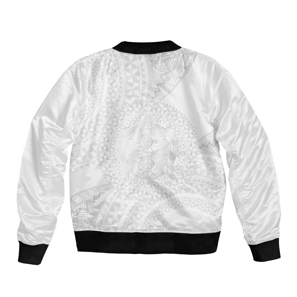 Tonga White Sunday Sleeve Zip Bomber Jacket Fakame Tongan Ngatu Turtle LT14 - Polynesian Pride