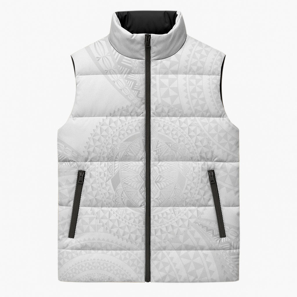 Tonga White Sunday Sleeveless Puffer Jacket Fakame Tongan Ngatu Turtle LT14 Unisex White - Polynesian Pride