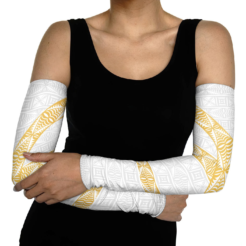 Tonga White Sunday Arm Sleeves Fakame Tongan Ngatu Pattern Gold Strips LT14 - Polynesian Pride