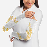 Tonga White Sunday Arm Sleeves Fakame Tongan Ngatu Pattern Gold Strips LT14 - Polynesian Pride