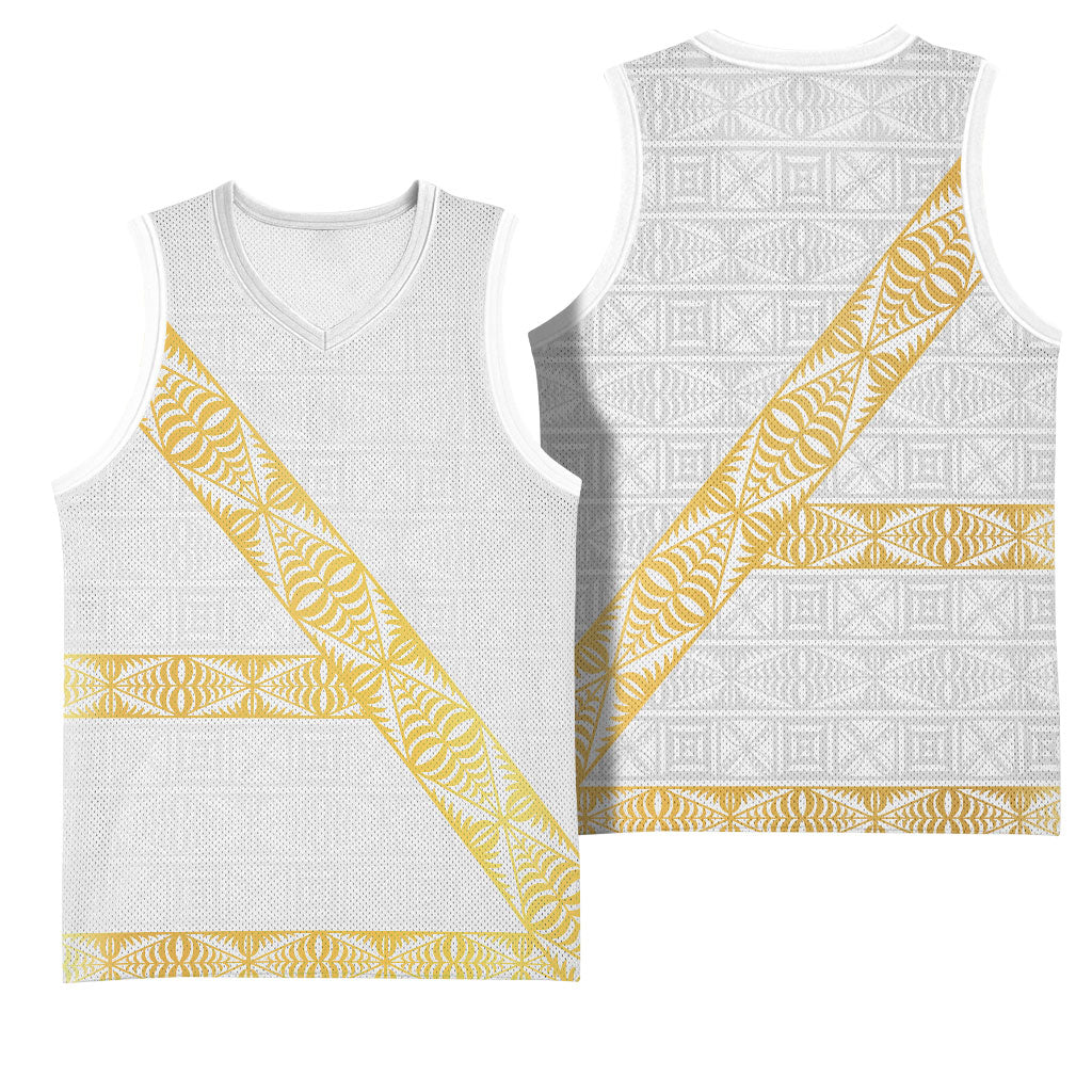 Tonga White Sunday Basketball Jersey Fakame Tongan Ngatu Pattern Gold Strips LT14 - Polynesian Pride