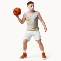 Tonga White Sunday Basketball Jersey Fakame Tongan Ngatu Pattern Gold Strips LT14 - Polynesian Pride