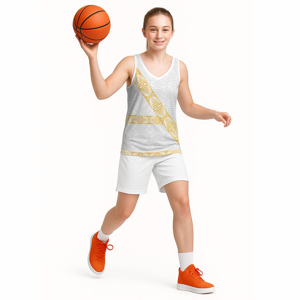Tonga White Sunday Basketball Jersey Fakame Tongan Ngatu Pattern Gold Strips LT14 - Polynesian Pride