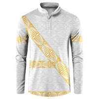 Tonga White Sunday Button Sweatshirt Fakame Tongan Ngatu Pattern Gold Strips LT14 White - Polynesian Pride