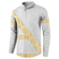 Tonga White Sunday Button Sweatshirt Fakame Tongan Ngatu Pattern Gold Strips LT14 - Polynesian Pride